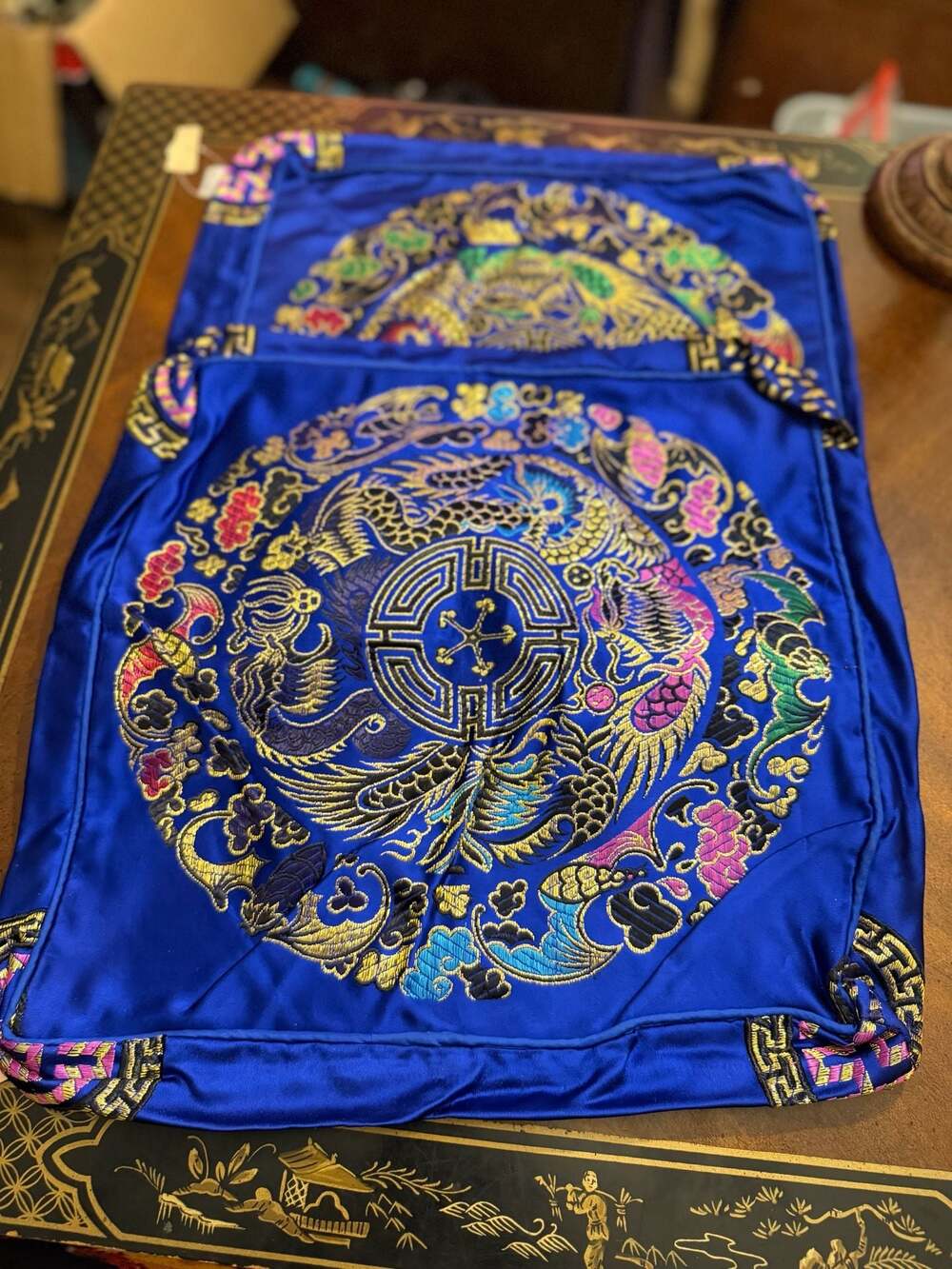 Set of 2 Vintage Chinese Embroidered Silk Dragon Cushion Covers 16x16